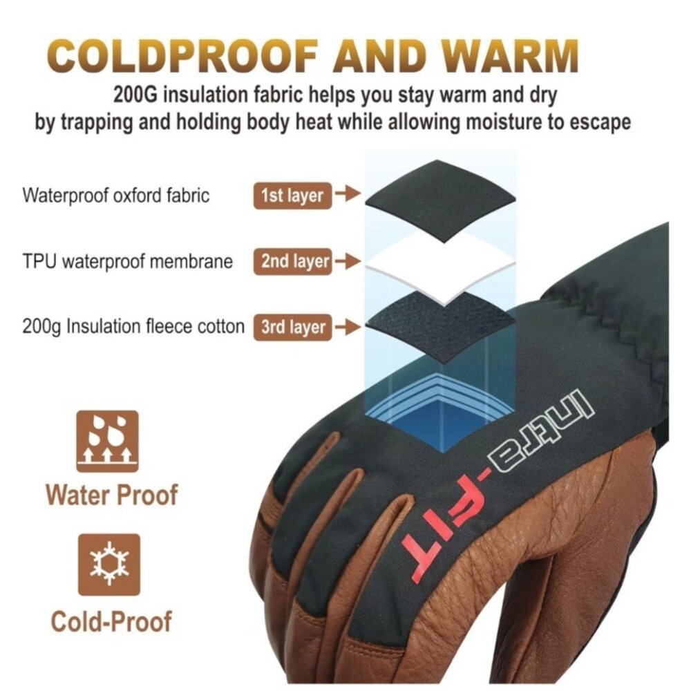 Intra-FIT Deerskin Ski Snowboard Biker Gloves Medium Black & Brown Waterproof - Picture 8 of 12